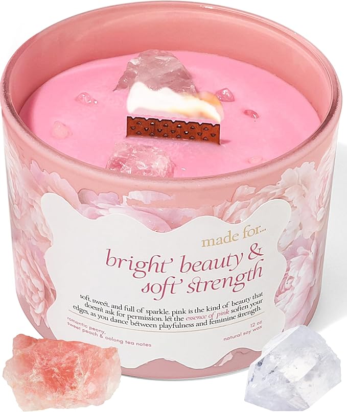 Pink Crystal Candle for Women – 12oz Large Luxury Soy Wax with Crackling Wood Wick, Slow Burn Meditation with Healing Crystals, Birthday or Mother’s Day Gift