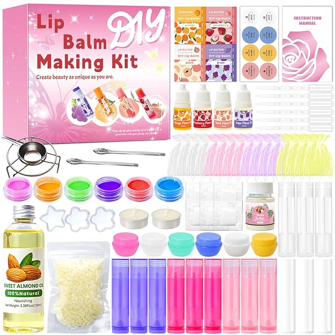DIY Lip Balm Making Kit for Adults to Make Your Own Moisturizing Lip Balms with Natural Beeswax, Lip Base Oil, Essential Oil, Empty Lip Balm Tubes，Birthday Christmas Gift