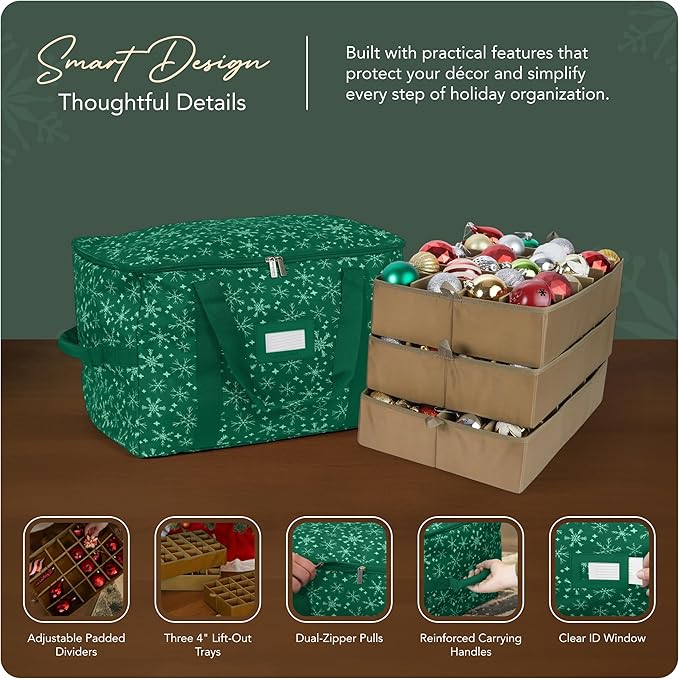 Covermates Keepsakes Adjustable Ornament Storage Bag – Heavy-Duty Polyester, Padded Dividers & FlexGrid Trays – Protective Holiday Ornament Organizer with Handles & Label Window, Green Snowflake