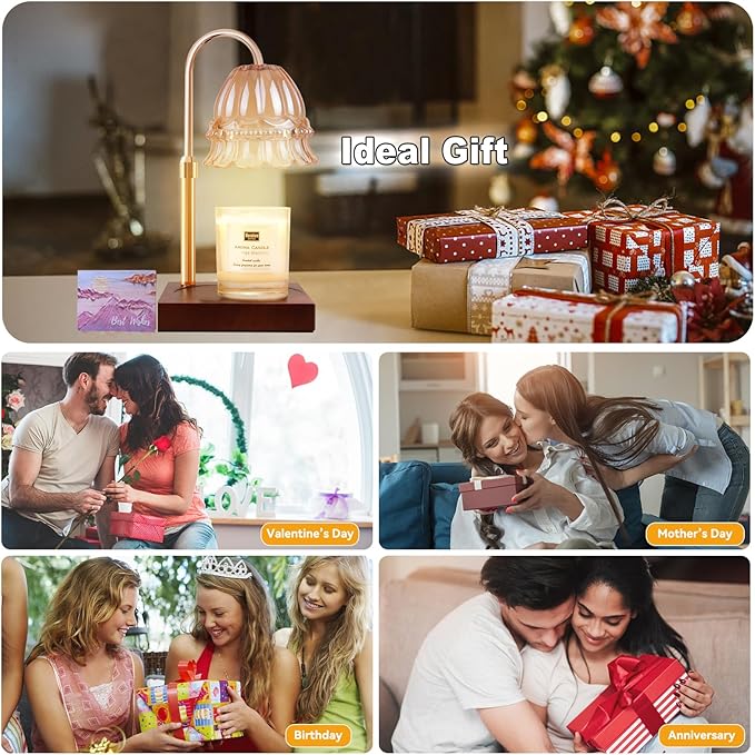 TOACSUCP Candle Warmer Lamp with 3 Bulbs, Adjustable Height Dimmable Candle Warmer with Timer, Compatible with Large Jar Candles, Flower Candle Warmer with Charming Gift Box Ribbon(Light Brown)