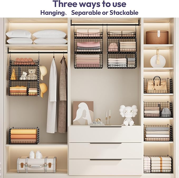 SWTYMIKI Hanging Closet Organizer Storage - 3 Tier Metal Stackable Hanging Closet Shelves with Dividers and S Hooks, Foldable Clothes Shelves for Clothes, Pants, Shoes, Coat, Hats Clutches Accessories