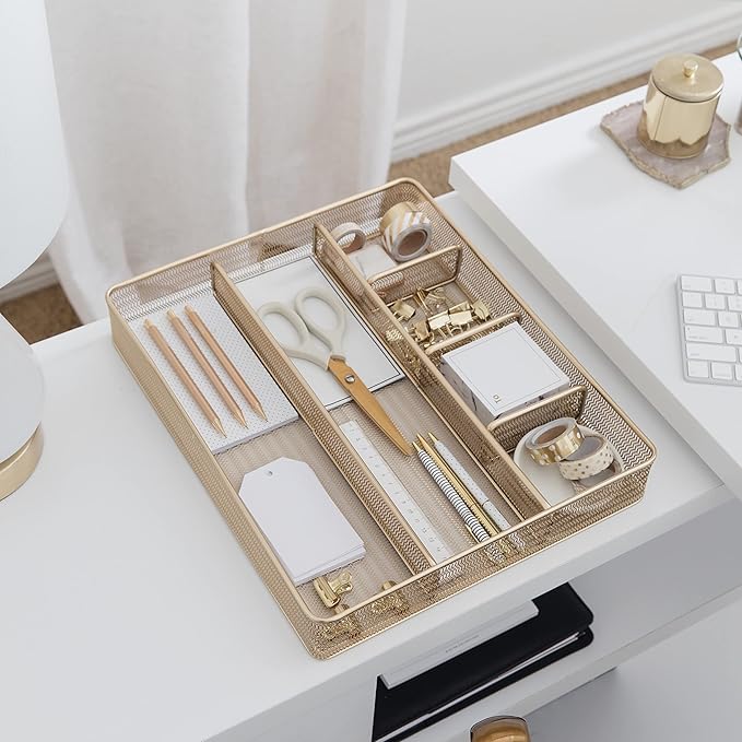 BLU MONACO | Gold Desk Drawer Organizer Tray with 6 Compartments | Metal Mesh Drawer Organizer for Office Supplies & Accessories | Large Desk Organizer for Drawers
