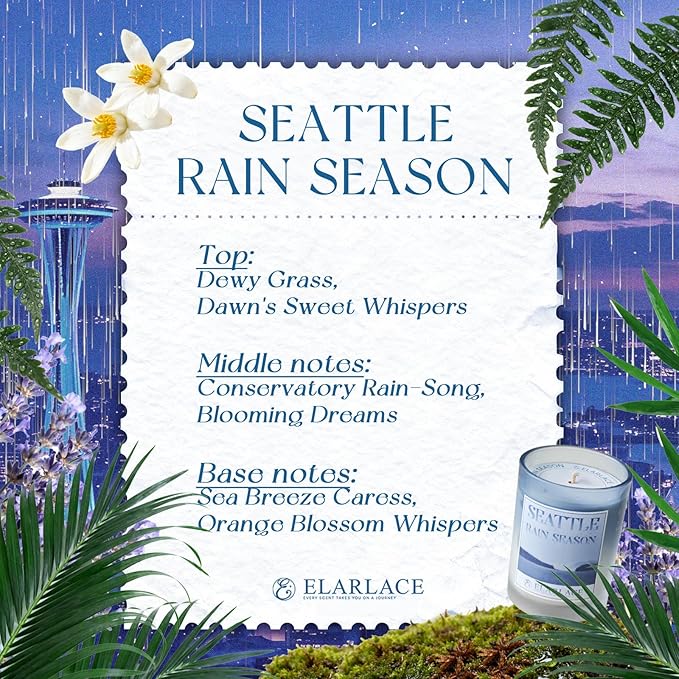 Seattle RAIN Season Scented Candle | 40H Burn Time, 8.8oz Clean-Burning Plant-Based Candle | Tranquil Pacific Northwest Scent | Fall & Holiday Gift for Travel Lovers