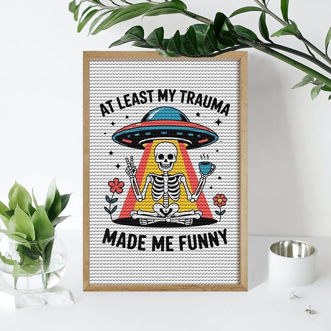 KIVJMSIDJA Skull Skeleton “At Least My Trauma Made Me Funny” Diamond Painting Kits for Adults,Diamond Art Kits for Beginners 5D Round Diamond 8"x12"