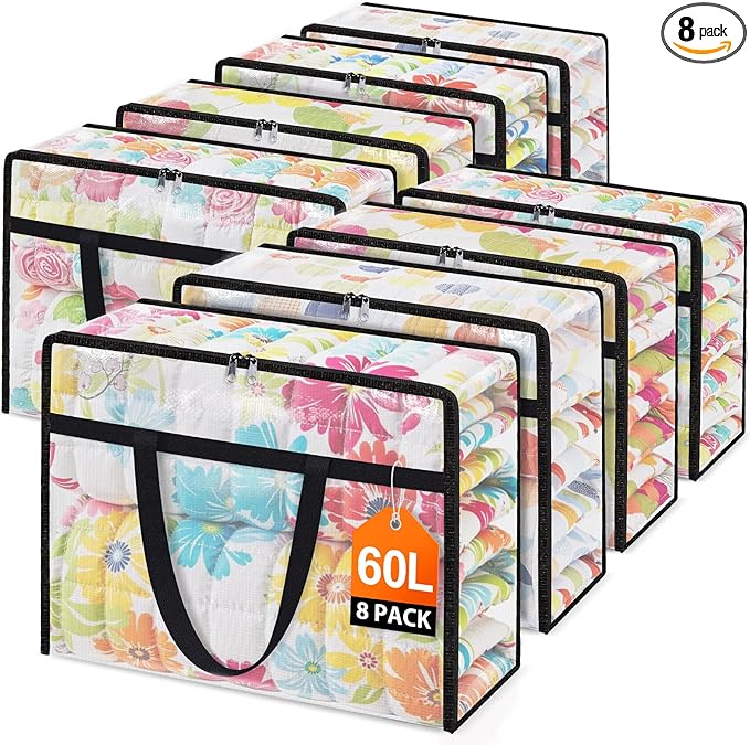 Clear Under Bed Storage Containers - 8 Pack Large Capacity Clothes Storage Bags with Lid & Sturdy Handles, Foldable Moving Bags, Clothing Organizer Totes for Bedding, Comforter, Sheet（60 L）