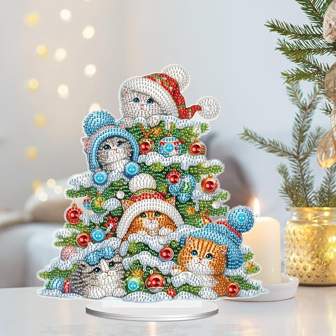 5D Diamond Art Painting Ornament Kits Christmas Tree Cats, DIY Diamond Art Painting Desktop Ornament, Special Shaped Crystal Rhinestone Diamond Art Table Top Home Office Christmas Decor (23.2x24.7cm)