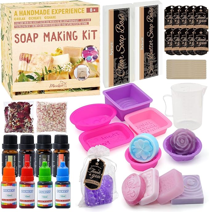 Soap Making Kit for Adults & Kids, Melt and Pour Soap Making Supplies with Shea Butter & Clear Base, 6 Silicone Molds, Colors, Fragrances, Dried Flowers & Gift Bags – DIY Soap Craft Kit for Beginners