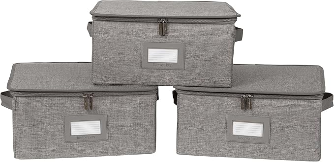Covermates Keepsakes Zip-Top Storage Box Set, 3 Pack Heavy Duty Polyester Organizer Bins, Stackable Design, ID Window, Reinforced Handles, Closet Home Storage, Grey Heather