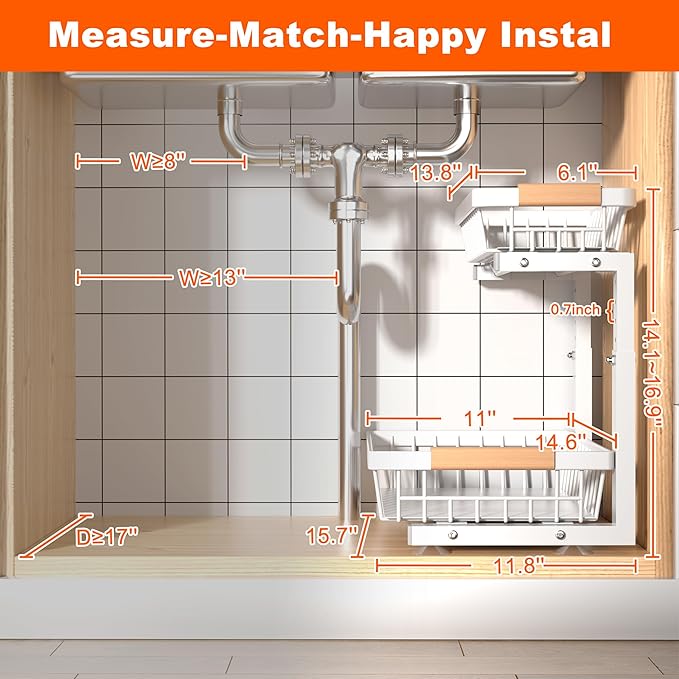Under Sink Organizer, 2 Pack 2 Tier Under Sink Organizers and Storage, Slide Out Pull Out Cabinet Organizer Shelf, Height Adjustable Metal Drawer for Kitchen Bathroom Closet Organization Rack White