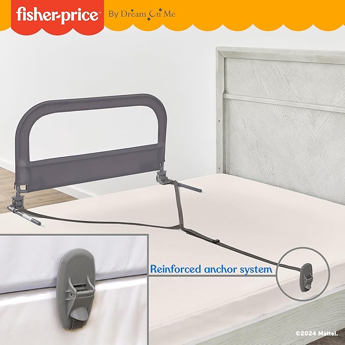 Dream On Me Fisher-Price Little Naps Bed Rail for Toddlers in Grey, Suitable for All Types of Beds, No Tool Assembly for Toddler Bed Rail