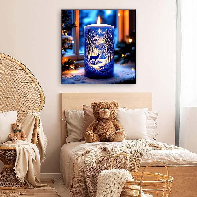 KINPLUB Christmas Winter Candle Diamond Painting Kits for Adults Beginners, Candle Forest Deer Diamond Art Kits for Adults, DIY Full Drill Round Gem Art Dots for Home Wall Decor 12x12 Inch