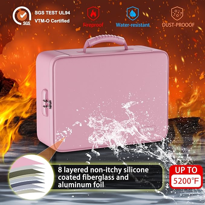 ENGPOW Fireproof File Organizer Bag with 13 Colorful Pockets Accordion File Folder,5200℉ Document Organizer Box with Lock&Labels,Multi-Layer Portable Home Safe Storage for Important Documents,Pink