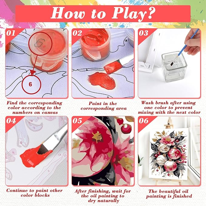 Skyboda Flower Paint by Numbers Kit for Adults Beginners with Frame, Christmas Bells Adult Paint by Number Kits on Canvas, Easy DIY Oil Painting Kits for Home Decor, 8x12in