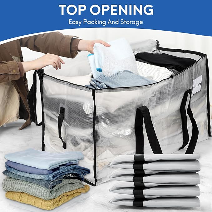 2-Pack Extra-Large Heavy-Duty Storage Totes with Reinforced Handles, Durable Zippers & Waterproof Material — Perfect for Space-Saving, Moving, Shipping and Travel (Clear)