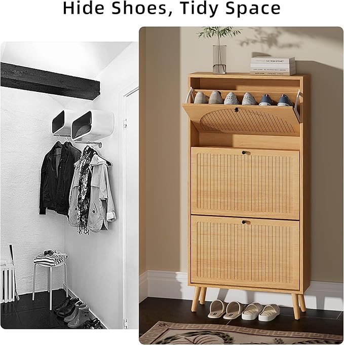 Fsbecl Shoe Storage Cabinet for Entryway with 3 Flip Drawers, Narrow Shoe Organizer with Fluted Panel, Freestanding Wood Hidden Shoe Cabinet for Hallway (Wood Color, 23.6''W, Single Layer)