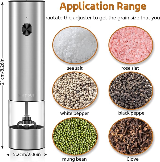 Electric Pepper Grinder & Salt Mill - Battery Operated Stainless Steel Body with Transparent Container LED Light One-Hand Operation Push-Button Switch Adjustable Coarseness Easy Refill & Clean