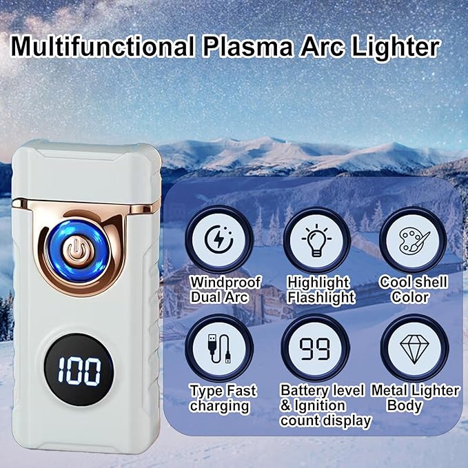 Electric Lighters Plasma Lighters Rechargeable with with LED LED Display and LED Emergency Lights Windproof USB Rechargeable Lighter Cool Lighte for Candle,Camping,Gift(Luminous White)