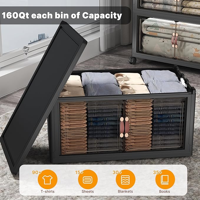 UAMFURI Stackable Storage Bins with Lids & Wheels & Door, Foldable Collapsible Closet Organizers, Extra Large Plastic Storage Drawers for Bedroom Dorm Office Garage (Dark-160qt, 4Pack with 1 top lid)