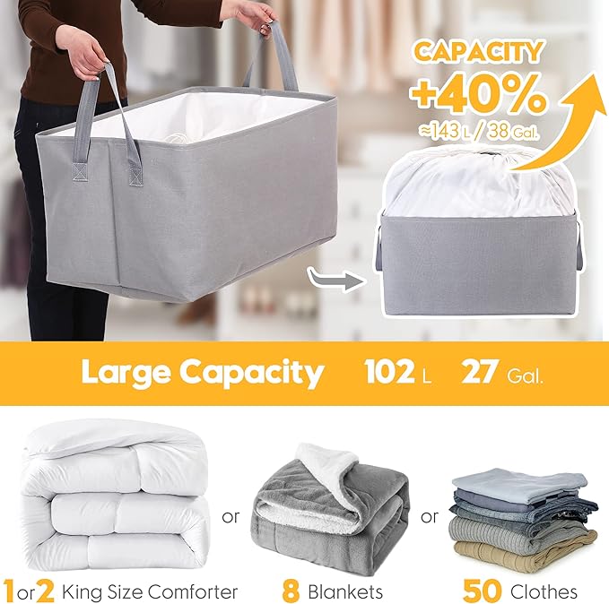 Hinwo 102L XXL Storage Bins, 4-Pack Closet Organizers and Storage, Foldable Clothes Storage Baskets with Handles, Containers for Clothing, Blanket, Comforters, Toys, Bedding (White)