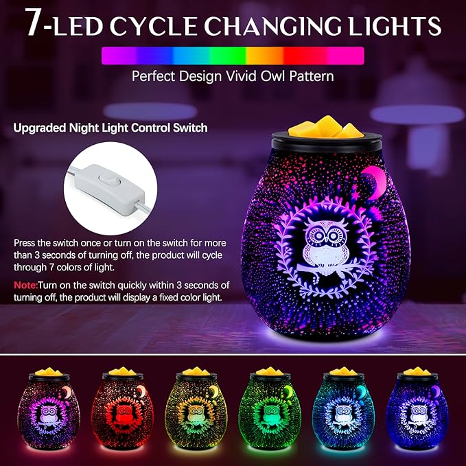 EQUSUPRO Wax Melt Warmer Wax Melter Wax Burner for Scented Wax Melts Electric Fragrance Warmer for Wax Cubes & Tarts, Vivid 3D Design 7 Colors LED Light Gift & Decor for Home Office Studio (3D Owl)