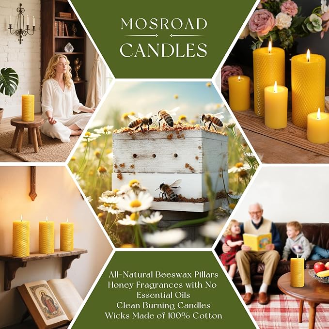4 Packs 3x6 Inch Beeswax Candles, Large Honeycomb Beeswax Pillar Candles, 45 Hours Burn Time, Natural Pure Bees Wax Candle for Home Decor, Candle Lovers, Air Purify, Gift Sending