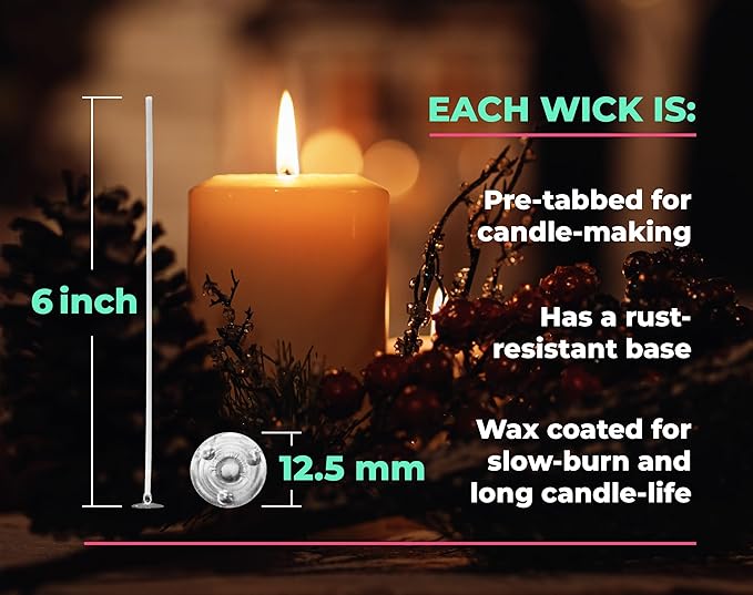 VViViD Candle Wicks, 120 pcs 6” inch, Pre-Waxed, Supplied in A Candle-Making Bag Used to Melt Wax