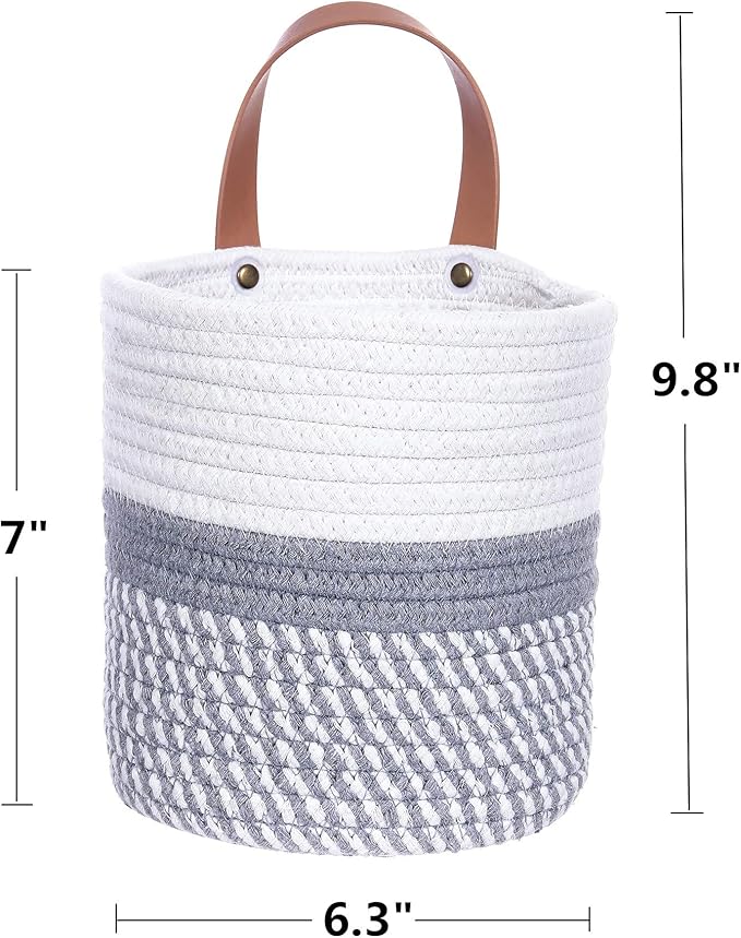 Wall Hanging Basket, Small Woven Hanging Baskets for Organizing, Decorative Wall Basket for Plants and Flowers,Hanging Storage Organizer for Wall Decor,Plant Holder 6.3" x 7" (White & Grey)