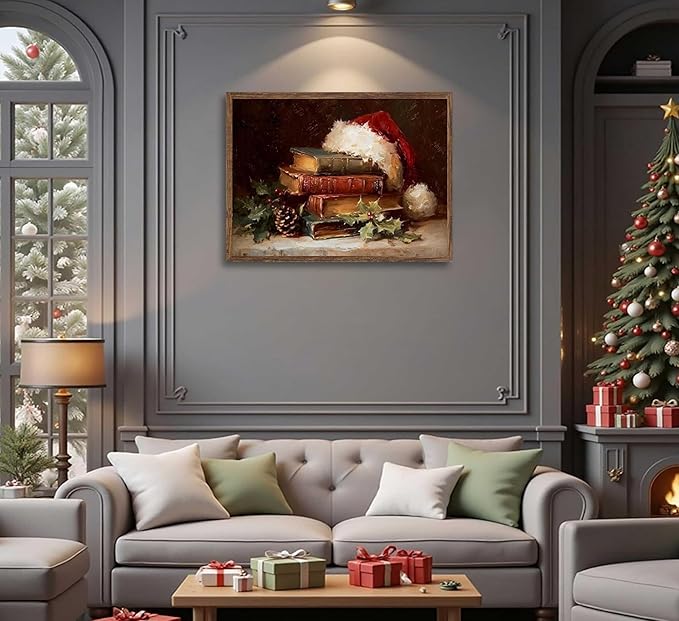 Paint by Number Kit for Adults & Kids, Christmas Vintage Books with Santa Hat 16x20 Inch, DIY Acrylic Painting Kit with Brushes & Paints, Holiday Art Decor for Home Unframed
