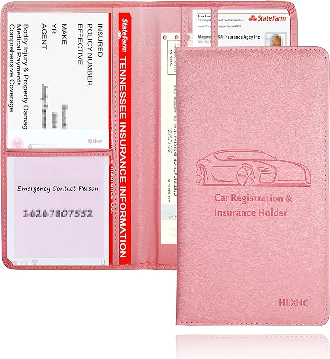 HIIXHC Car Registration and Insurance Card Holder - Leather Vehicle Glove Box Automobile Documents Paperwork Wallet Case Organizer for ID, Driver's License, Key, Cards - Car Accessories for Women&Men