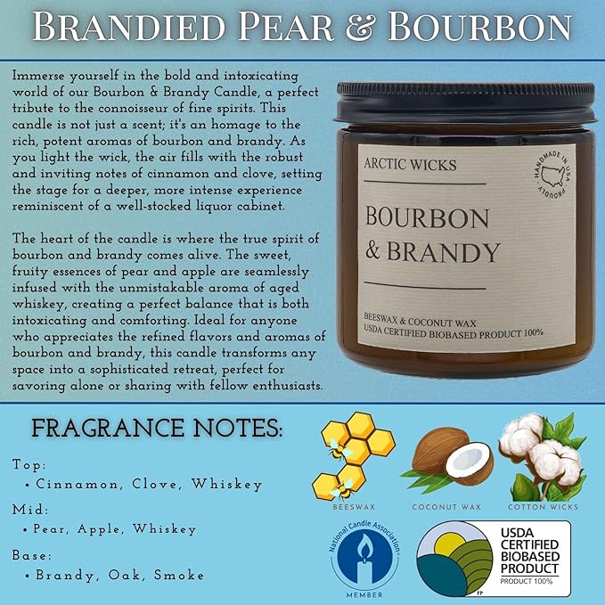 Arctic Wicks Handcrafted Candles | Non Toxic Coconut Beeswax Candles 16oz Double Wick | 100% USDA Certified Biobased, Handmade, Premium Waxes, Non-Toxic (Bourbon & Brandy, 16oz Amber Jar)
