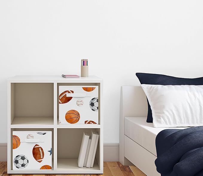 Sweet Jojo Designs Sports Theme Boy Collapsible Fabric Storage Cubes Foldable Bins Organizer Boxes Kids Baby Childrens Toys Set of 2 - Watercolor Soccer Balls Football Baseball Basketball Blue Stars
