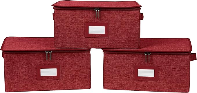 Covermates Keepsakes Zip-Top Storage Box Set, 3 Pack Heavy Duty Polyester Organizer Bins, Stackable Design, ID Window, Reinforced Handles, Closet Home Storage, Red Heather