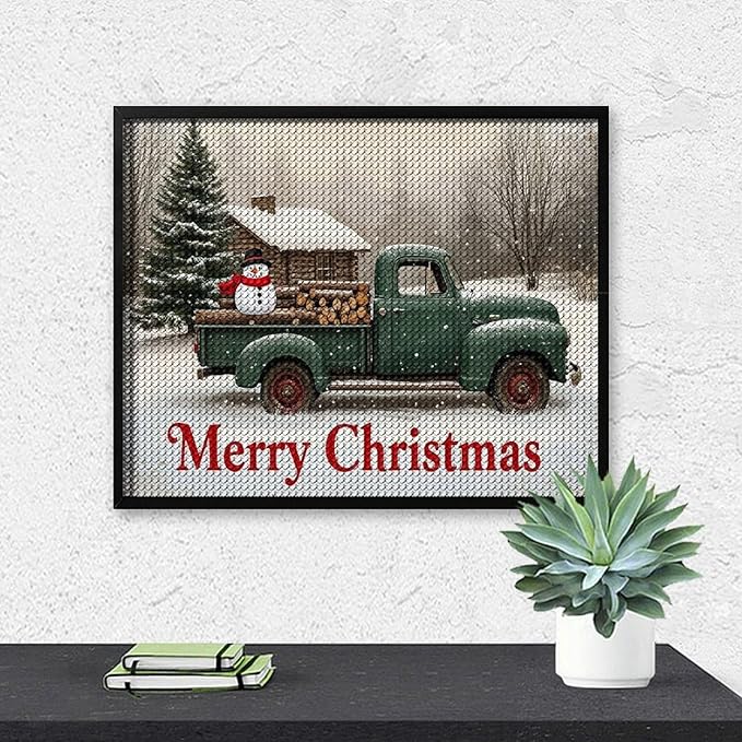 AIVKIEJK Diamond Painting Kits for Adults - Christmas Truck with Snowman & Cabin Winter Painting DIY 5D Full Drill Diamond Dots Paintings with Diamonds Gem Art and Crafts Home Decor 16"x20"