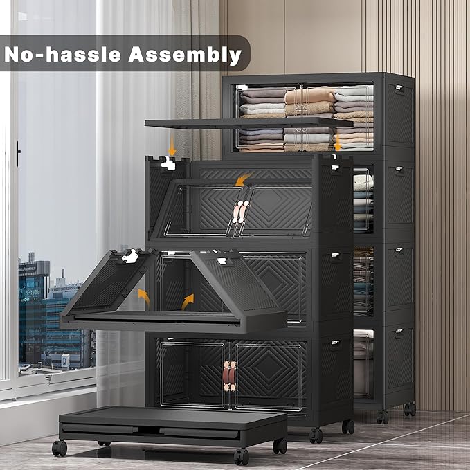 Stackable Storage Bins with Lids & Wheels & Door, Foldable Collapsible Closet Organizers, Extra Large Plastic Storage Drawers for Bedroom Dorm Office Garage (Dark-120qt, 4Pack with 1 top lid)