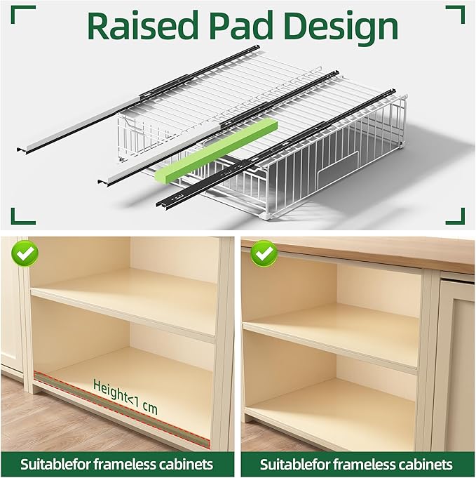 NETEL 2 Pack Expandable Pull Out Cabinet Organizer, Raised 6.69" guardrail, Adjustable Width 13"-20.07", 3 Rails No Drill Adhesive Peel And Stick, Adhesive Pull Out Drawers for Cabinets, White