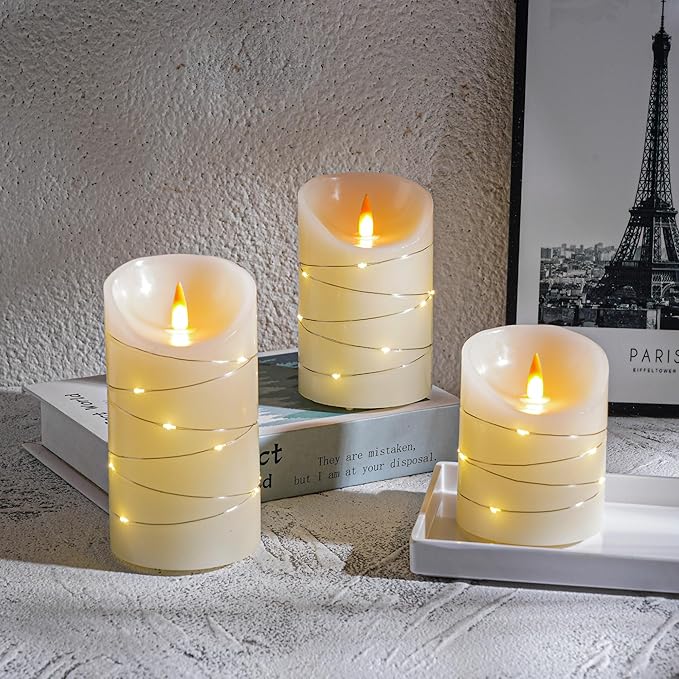 HaitanghuaRechargeable Flickering Candles with String Lights, Remote Control, 2/4/6/8-hour Timer Function, USB Rechargeable Real Wax LED Candles, (4/5/6 inch) Ivory Color, Three-piece Set.