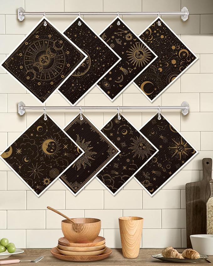 Miss Adola 8 Pack Swedish Kitchen Dishcloths - Absorbent Reusable Dish Towels, Fast Drying, Moon Sun