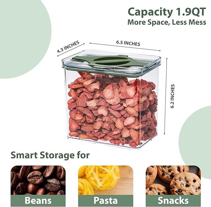 4-Pack Airtight Pantry Containers, 1.9 QT / 1.8 L Clear Food Storage Jars with Leakproof Twist-Lock Lids, Detachable Lid for Easy Cleaning, Cereal, Pasta, Rice, Oats, Snack Storage- Green