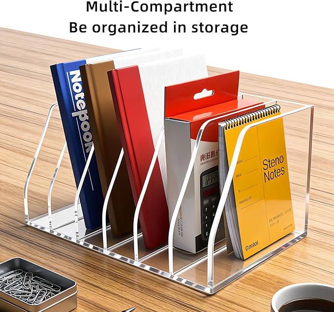 Acrylic Magazine File Holder, 6 Vertical Compartments Desk Document Sorter Organizer, Clear Folder Rack Binder for Office, Documents, Tablets, Magazines, Books – Home/Classroom Rack