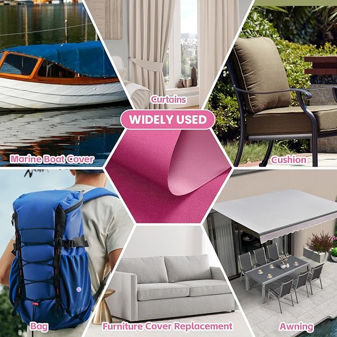 Waterproof Marine Canvas Fabric by The Yard 58" W 600D PVC Backing Water-Resistant Polyester Fabric Upholstery Material for Outdoor Indoor Marine Awning Tent Boat Furniture Cover DIY, 10 Yards Pink