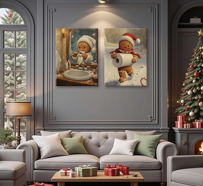 Paint by Number Kit for Adults & Kids, 2 Pack Christmas Gingerbread Men Scenes 16x20 Inch Unframed, DIY Acrylic Painting Kit with Brushes & Paints, Festive Humorous Home Art Decor