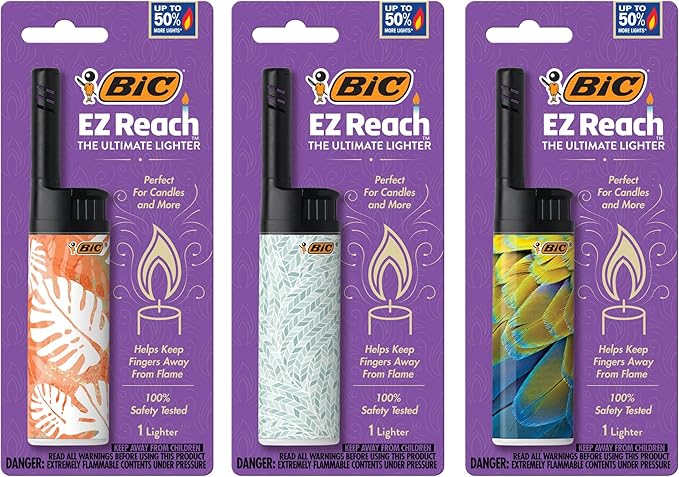 BIC EZ Reach Candle Lighter, The Ultimate Lighters for Candles with Wand, Assorted Home Decor Designs, 3 Count Pack of Long Lighters