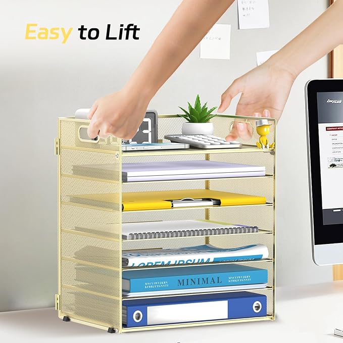 7 Tier Paper Organizer - Mesh Desktop File Holder with Handles for Office School Desk (Gold)