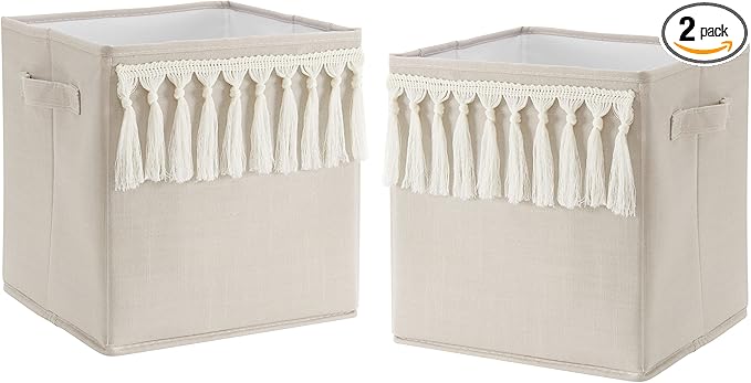 Sweet Jojo Designs Boho Bohemian Foldable Fabric Storage Cube Bins Boxes Organizer Toys Kid Baby Children - Set of 2 - Solid Taupe Beige Ivory Cream Off White Linen Farmhouse Shabby Chic Modern Tassel