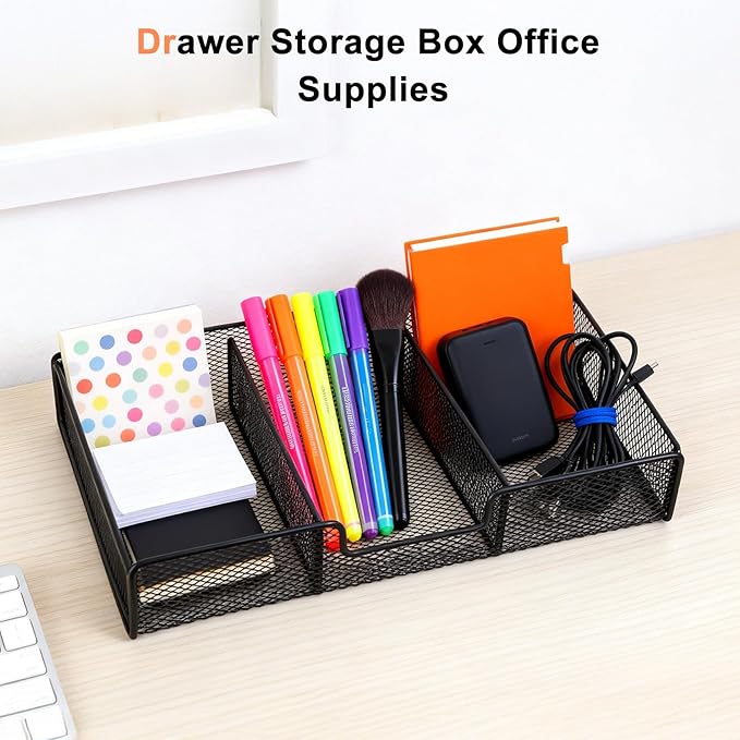 Desk Drawer Organizer Tray, Office Junk Drawer Organizer with 3 Compartments, Metal Mesh Dividers Pen Pencil Storage Box for Office Supplies Desk Accessories Workspace School Cosmetic Organization