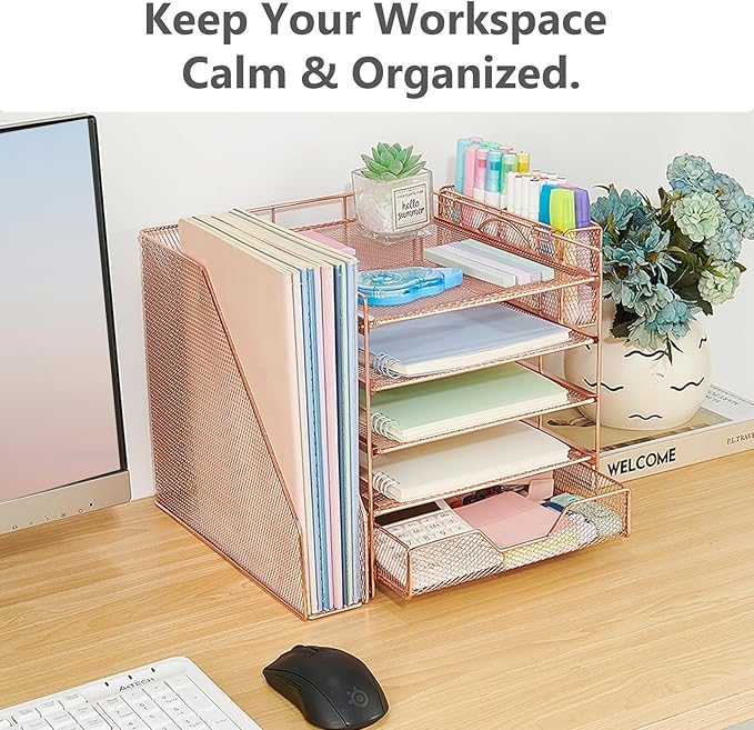 Desk Organizer, 5-Tier Paper Letter Tray Organizer with File Holder, Drawer and Pen Holder, Desktop Organizer for Office Supplies, Rose Gold