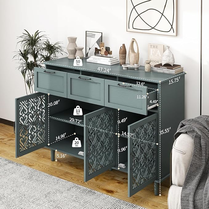 Green 3 Doors 3 Drawers Buffet Sideboard Cabinet - Accent Cabinet with Adjustable Shelves，47 Inch Wide Wood Storage Cabinets for Dining Room,Living Room and Kitchen
