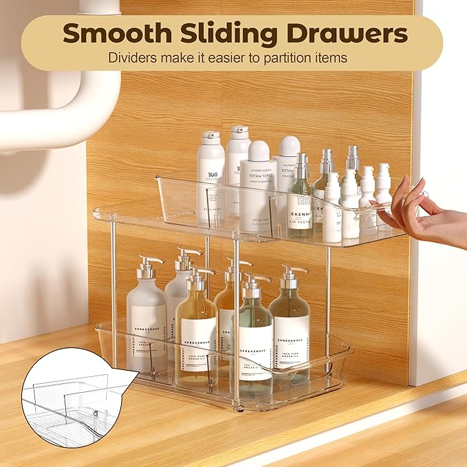 incostar 2 Tier Pull-Out Storage Organizer for Bathroom and Kitchen, Under Sink Organizer with Dividers, Ideal for Organizing Cupboard,Bathroom Vanities,Cabinet, Slide-Out Clear Storage, 4 Pack