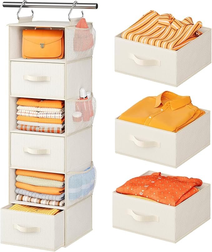Pipishell Hanging Closet Organizer 6-Shelf, Hanging Shelves for Closet with 3 Removable Drawers & Side Pockets for Bedroom, Garment Rack and Wardrobe Organization, 12' x 12' x 43.3', White
