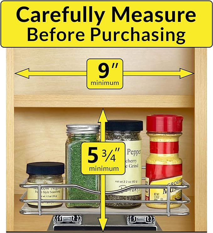 LYNK PROFESSIONAL® Pull Out Spice Rack Organizer for Inside Kitchen Cabinets - 8-3/8 inch Wide - Slide Out Drawer – Chrome Sliding Spice Organization for cabinet - Spice Racks - 1 Tier